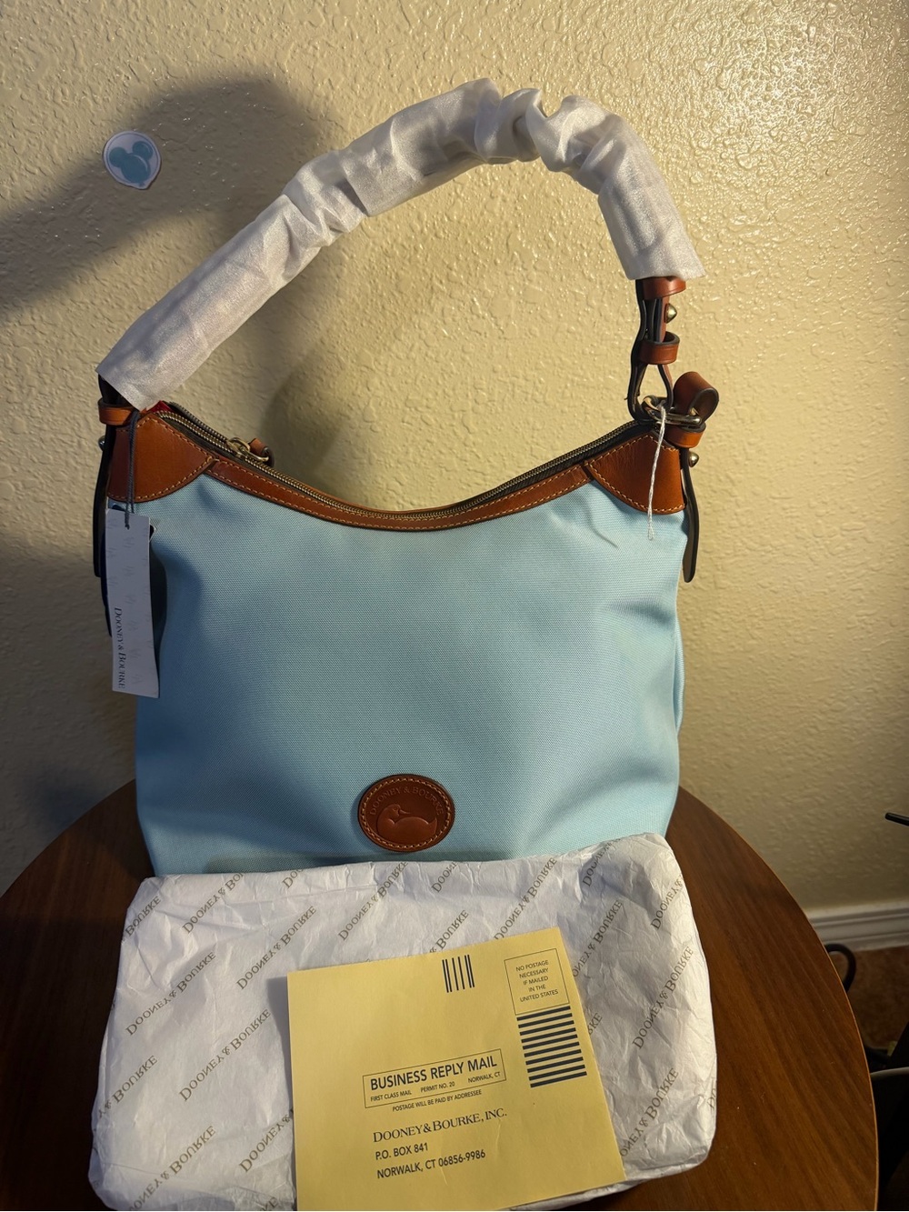 Dooney & Bourke Light Blue Shoulder Bag with Brown Leather Trim